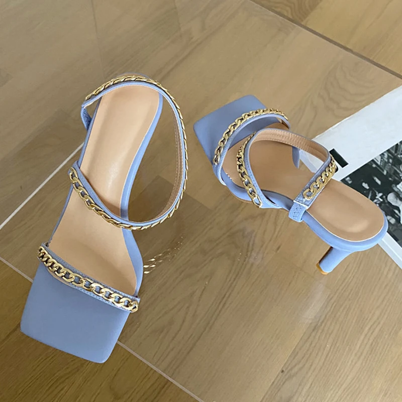 

Metal Chain Design Sandals Women Summer Fashion Open toe Thin High Heels Elegant Square Toe Party Dress Female Shoes