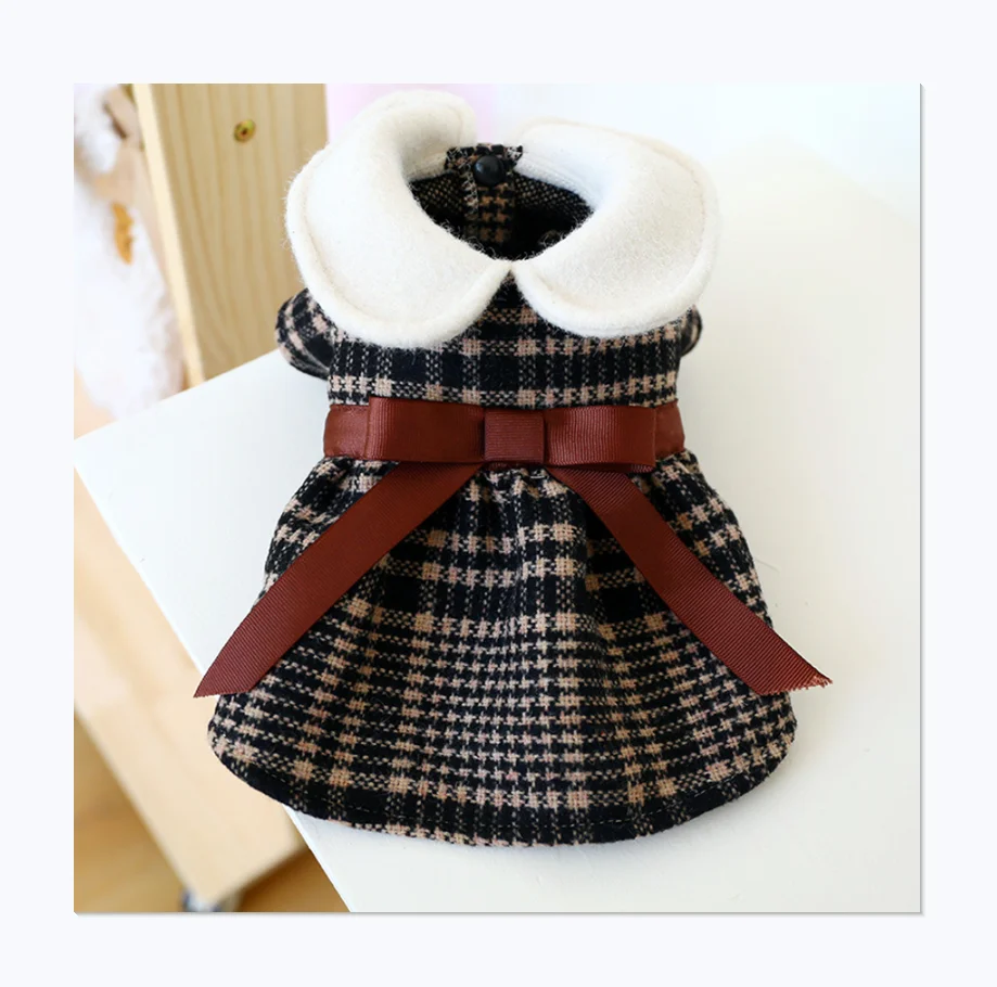 

Pet Clothes Autumn And Winter New Products Warm Bowknot Check Woolen Dog Dress