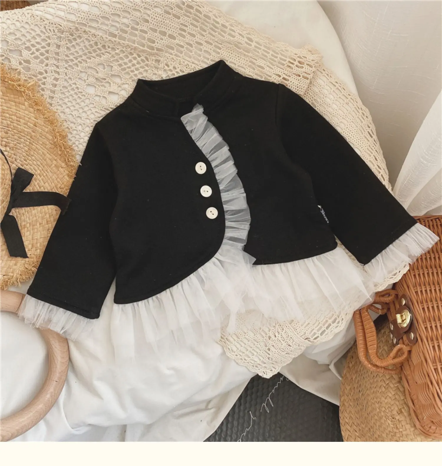 

Girl spring 2021 new female baby short style small fragrant wind splicing net jacket Korean edition small suit jacket, Black