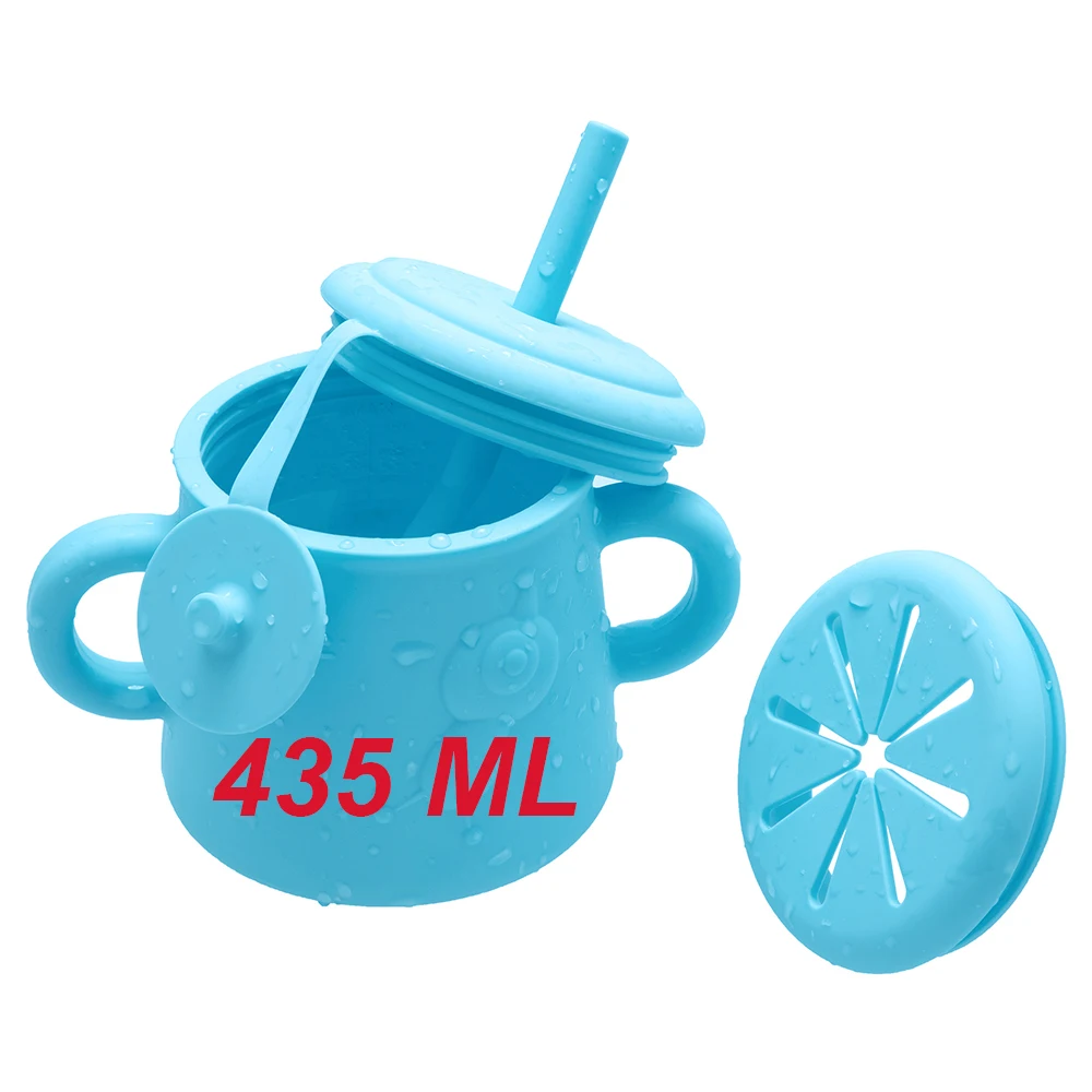 

Unique Design Big Capacity 435 ML Open Mold Snail Baby Silicone Straw Cups BPA Free Baby Silicone Cups With Straw Set, Customized color accept
