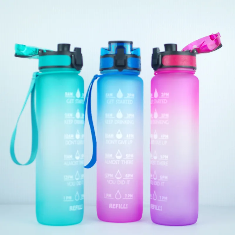 

1000ML colourful gradient tritan cycling water bottle with time markings