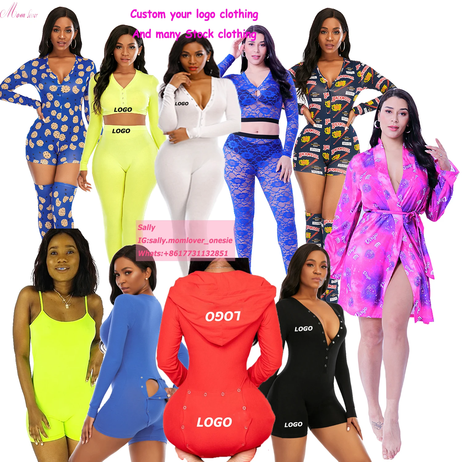 

2021 Custom Adult Onesie With Butt Flap Night Wear Sexy Lace Pijama Romper Pyjamas Cotton Onesie Pajamas Women's Sleepwear
