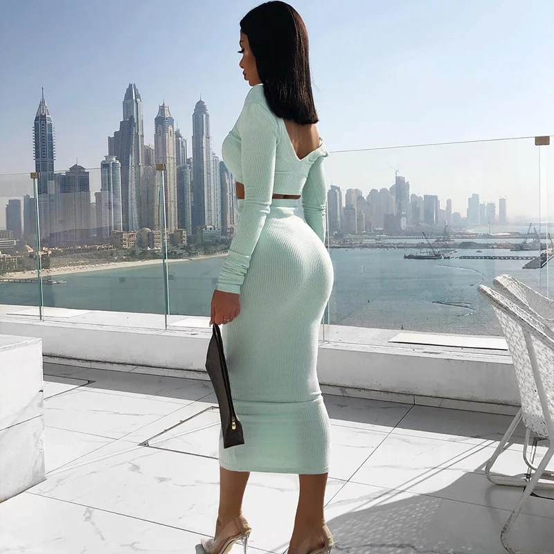 

KQ-090 New trendy women clothing long sleeve top two piece set ladies two piece outfit pencil dresses set, As picture