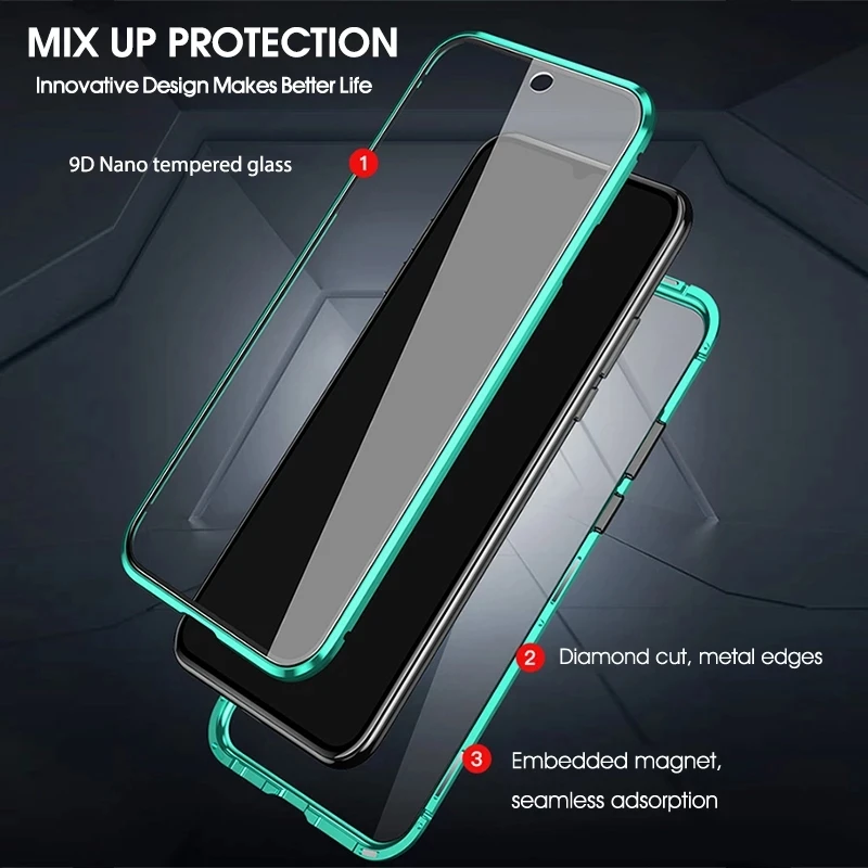 

Metal Magnetic Adsorption Case For Xiaomi Redmi Note 9 8 7 Pro 8T 9A 9C 8A Mi 10T Note10 Lite Pro X3NFC Double-Sided Glass Cover, As picture shows