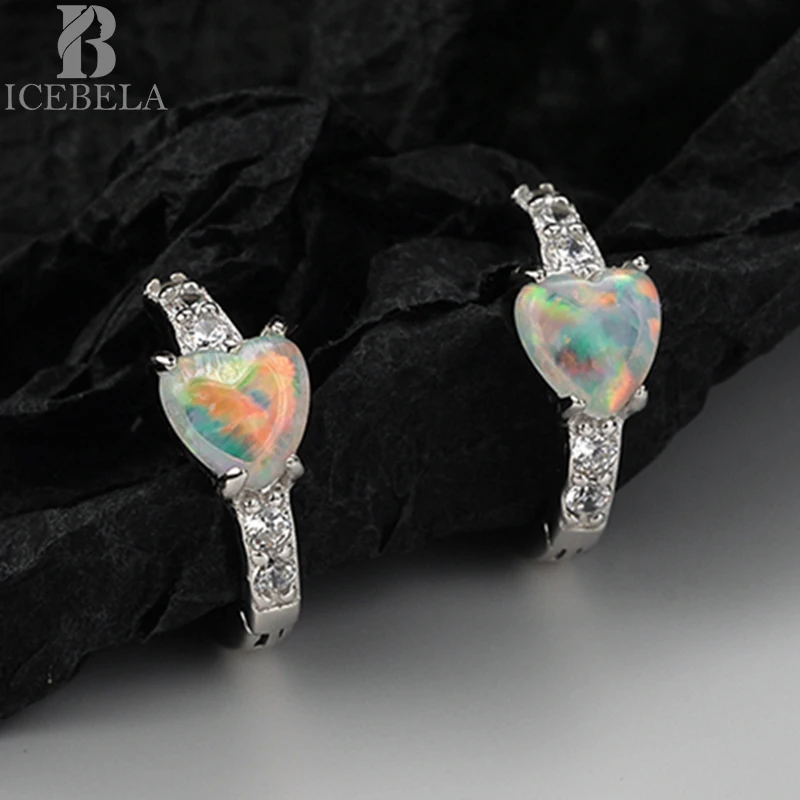 

Icebela 925 Sterling Silver Hoop Earrings Heart Shape Opal with Cubic Zirconia Earrings Rhodium Plated Hoop Earrings Jewelry