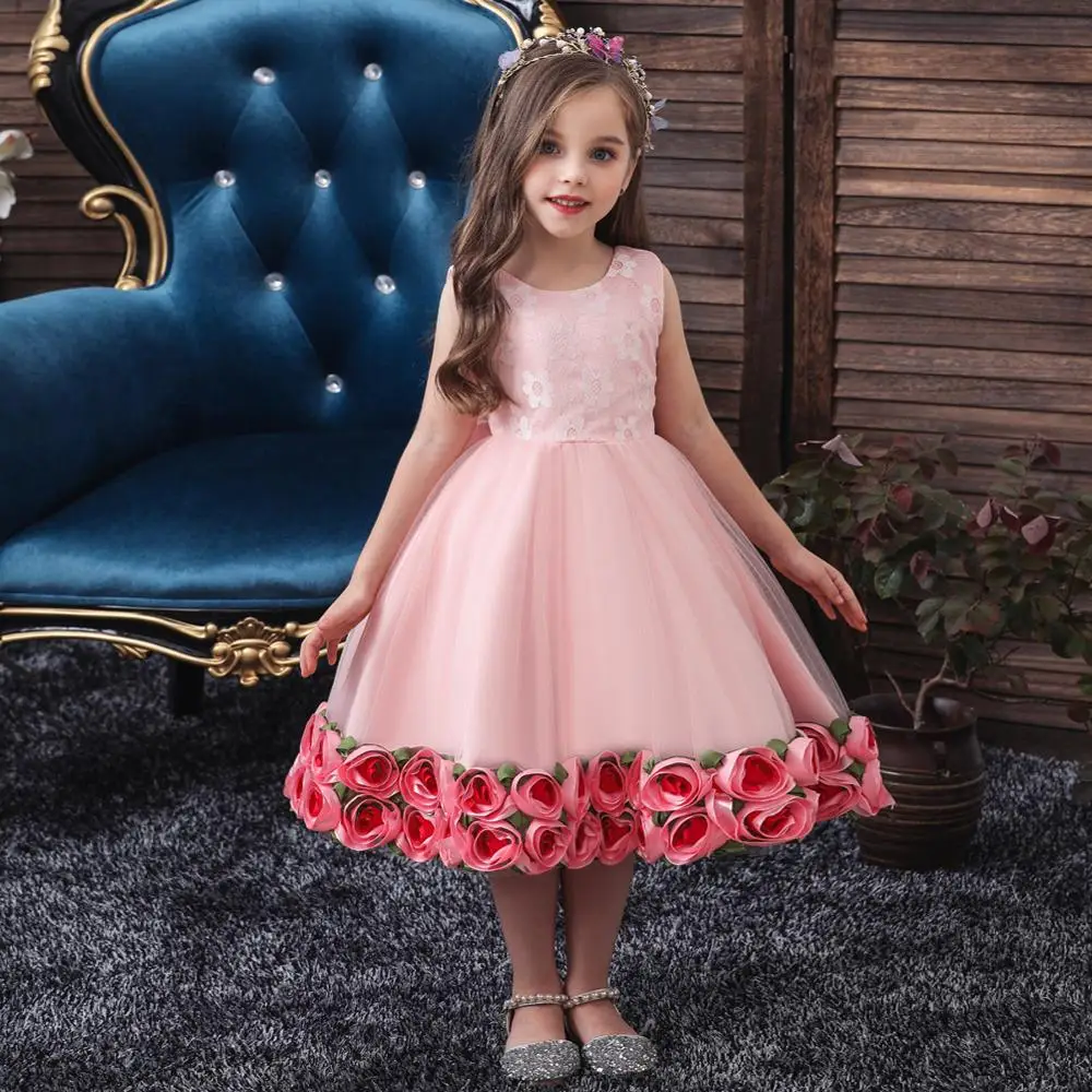 

Child multi-layered party dress for little girls fluffy pink wedding banquet flower girls dresses 0-5 years old knee-length