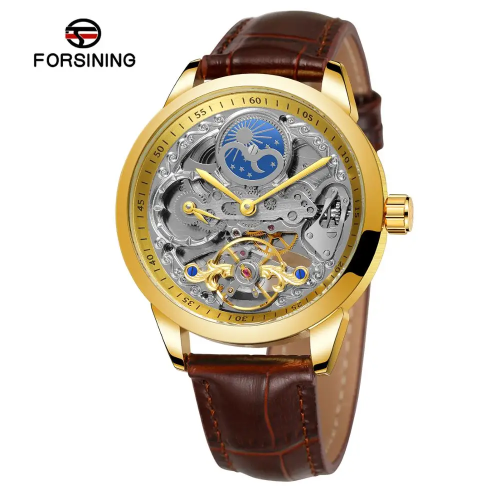 FORSINING Luxury Moon Phase Reloj Hombre Mens Automatic Skeleton Watch Hot Sale China Factory Dual Time Zone Mechanical Watches