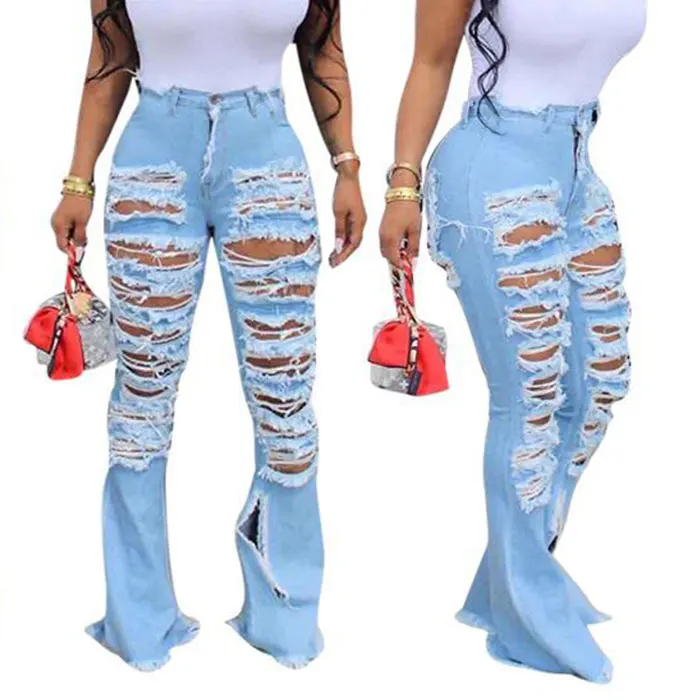 

Wholesale Trousers High Waisted Stacked Pants Distressed Ripped Flare Cut Up Bell Bottoms Blue Jeans For Women