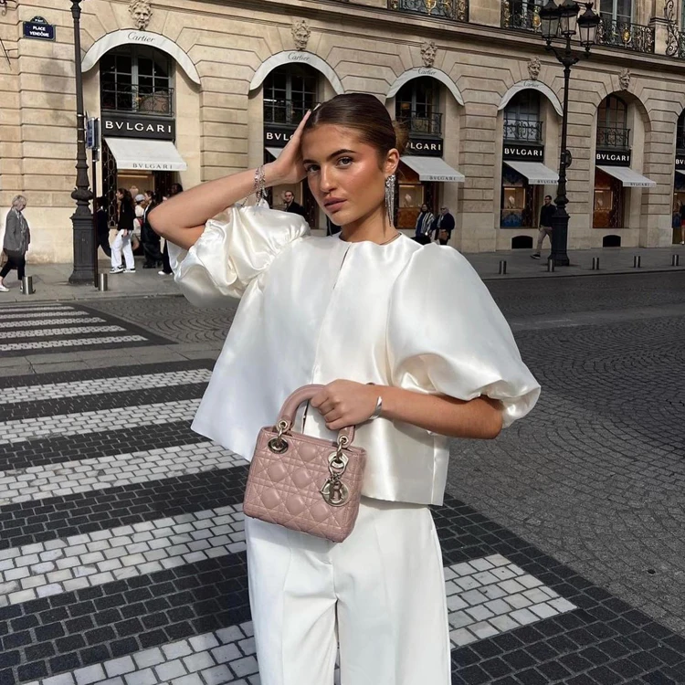 Front Buttoned Puff Short Sleeve Satin White Fashionable Top Femme Ladies Tops And Blouses Summer Crop Tops For Women Elegant