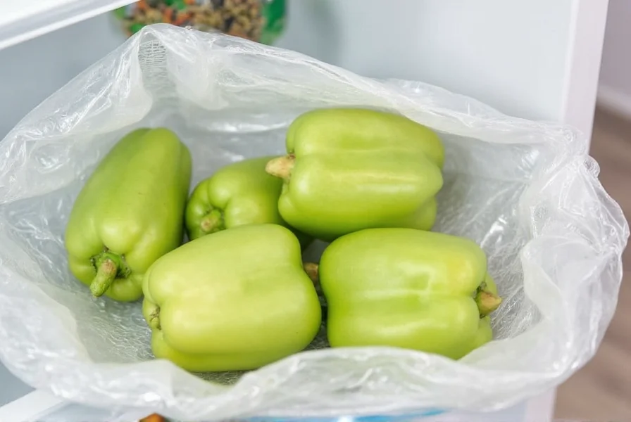 Proper storage technique for light green peppers showing peppers in perforated plastic bag inside refrigerator crisper drawer