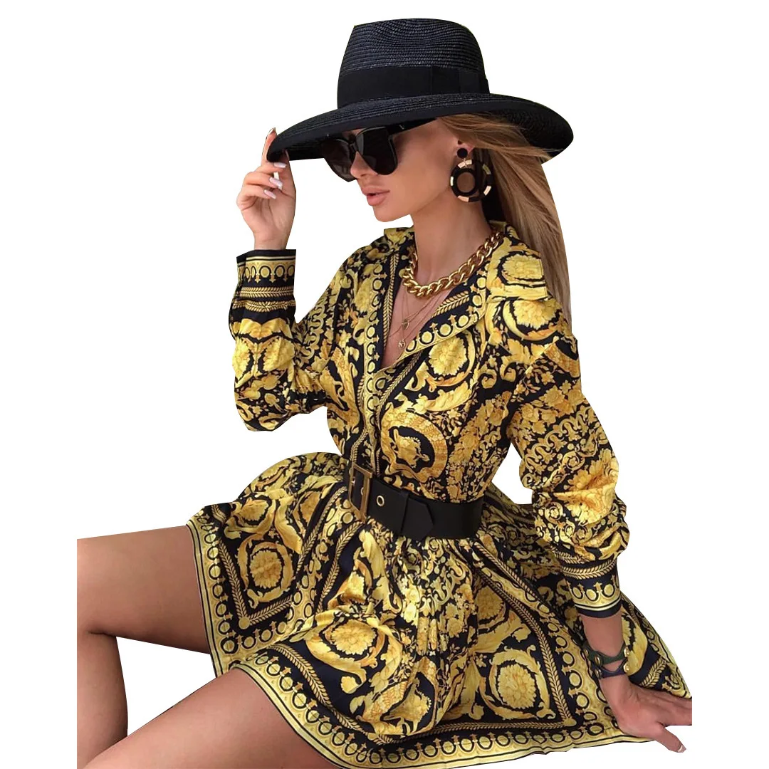 

Fashion Casual Long Sleeve Shirt Skirt Printed Golden Women Dress, 1 color