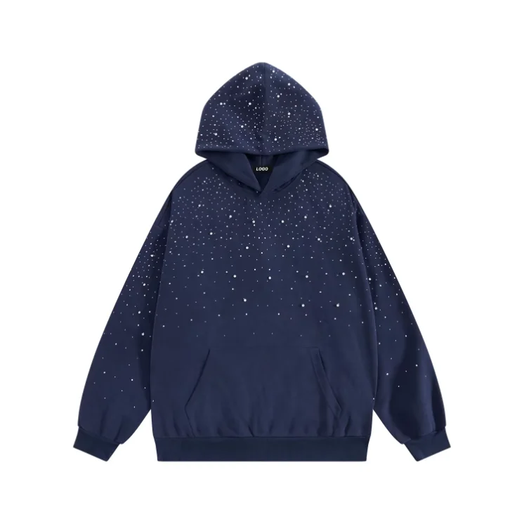 Rhinestone Starry Hoodie Men Oversized Drop Shoulder Heavyweight Cotton Hooded Sweatshirt Custom Streetwear Casual Pullover Top