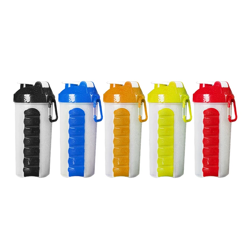 

Wholsale Outdoor Sport BPA Free 600ml Travel Plastic Pill Water Bottles with Capsule Stroage, Pink, purple, grey, blue