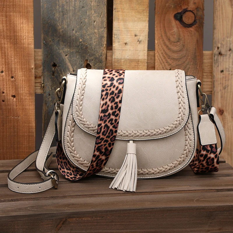 

Handmade Vintage Saddle Bag High Quality PU Crossbody Satchel Female Retro Tassel Shoulder Messenger Bags with Wide Strap, 3 colors