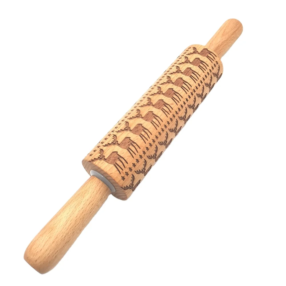 

Handmade Laser Cut Pattern Embossing Wooden Rolling Pin, Natural