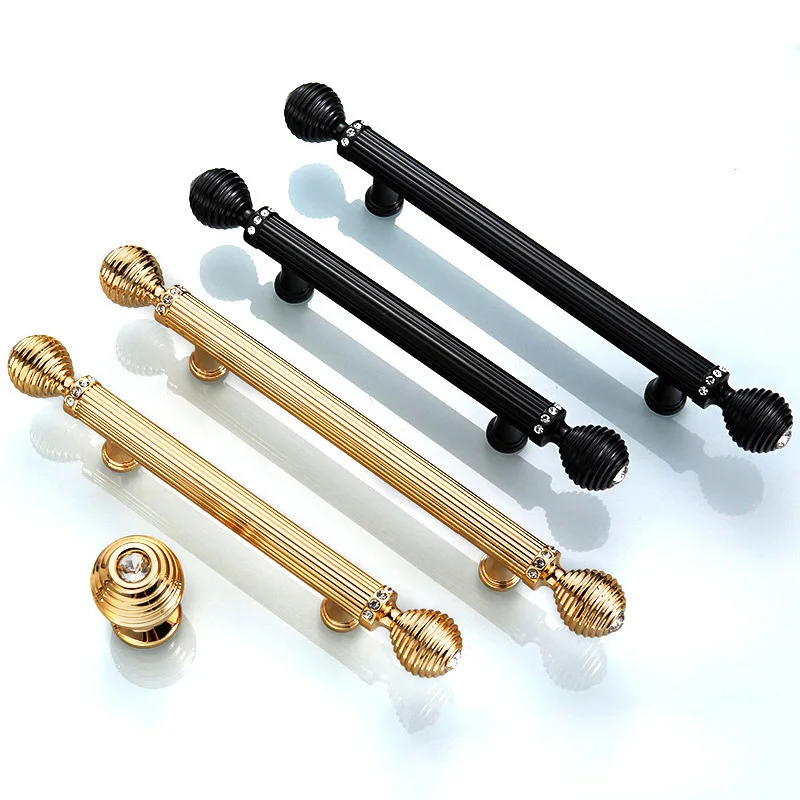

Gold/ Black Door Handles Luxury Drawer Pull Kitchen Cabinet T Handles door crystal knob drawer Straight Handle CRY0051, Black/gold