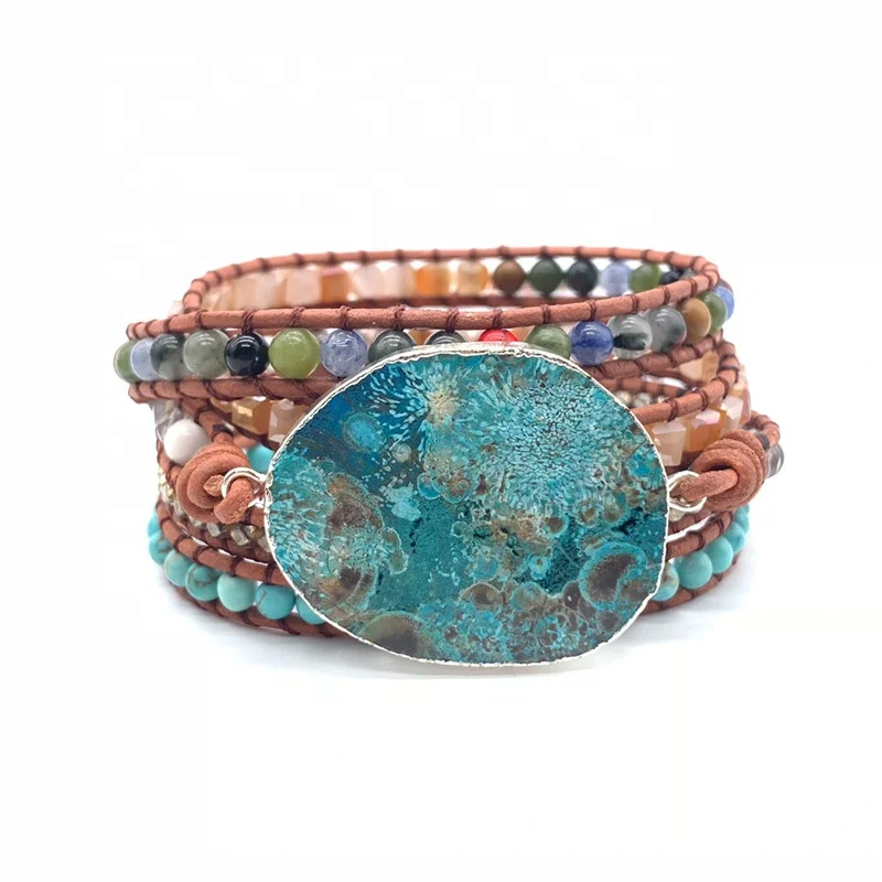

Woman Boho Handmade Beach Natural Stone Leather Jewelry Bead 5 Wraps Accessories Bracelet, Picture