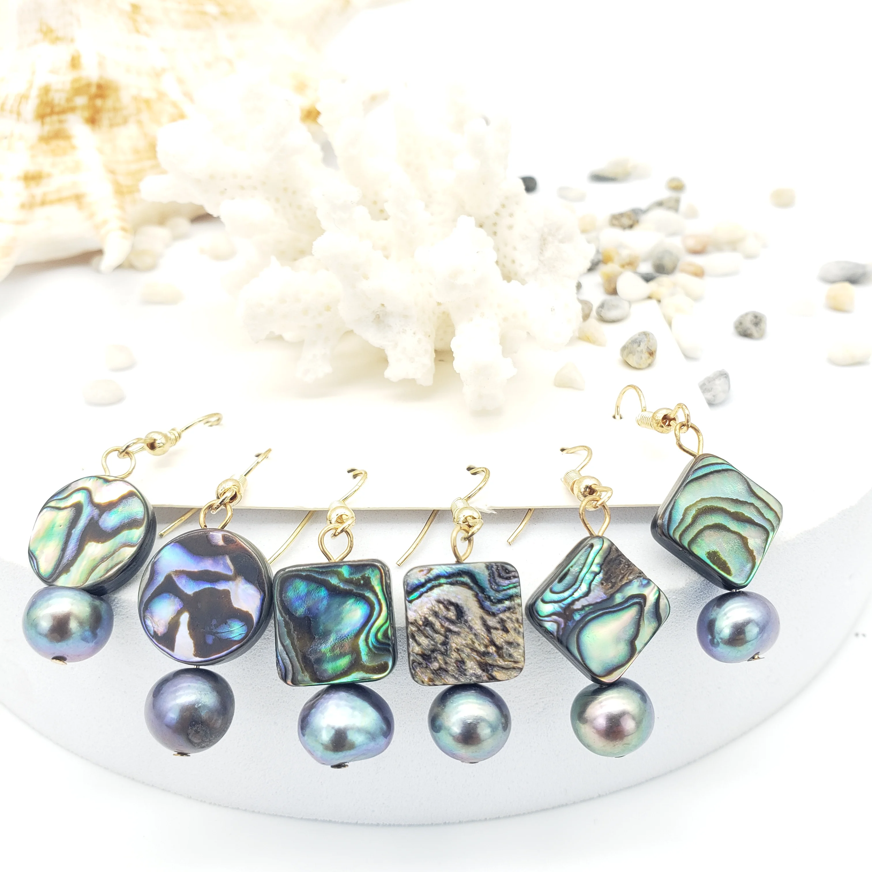 

Wholesale Square Shape Cute Abalone Shell Dangle Earring Hawaiian Women Jewelry Real Pearl Drops Earrings