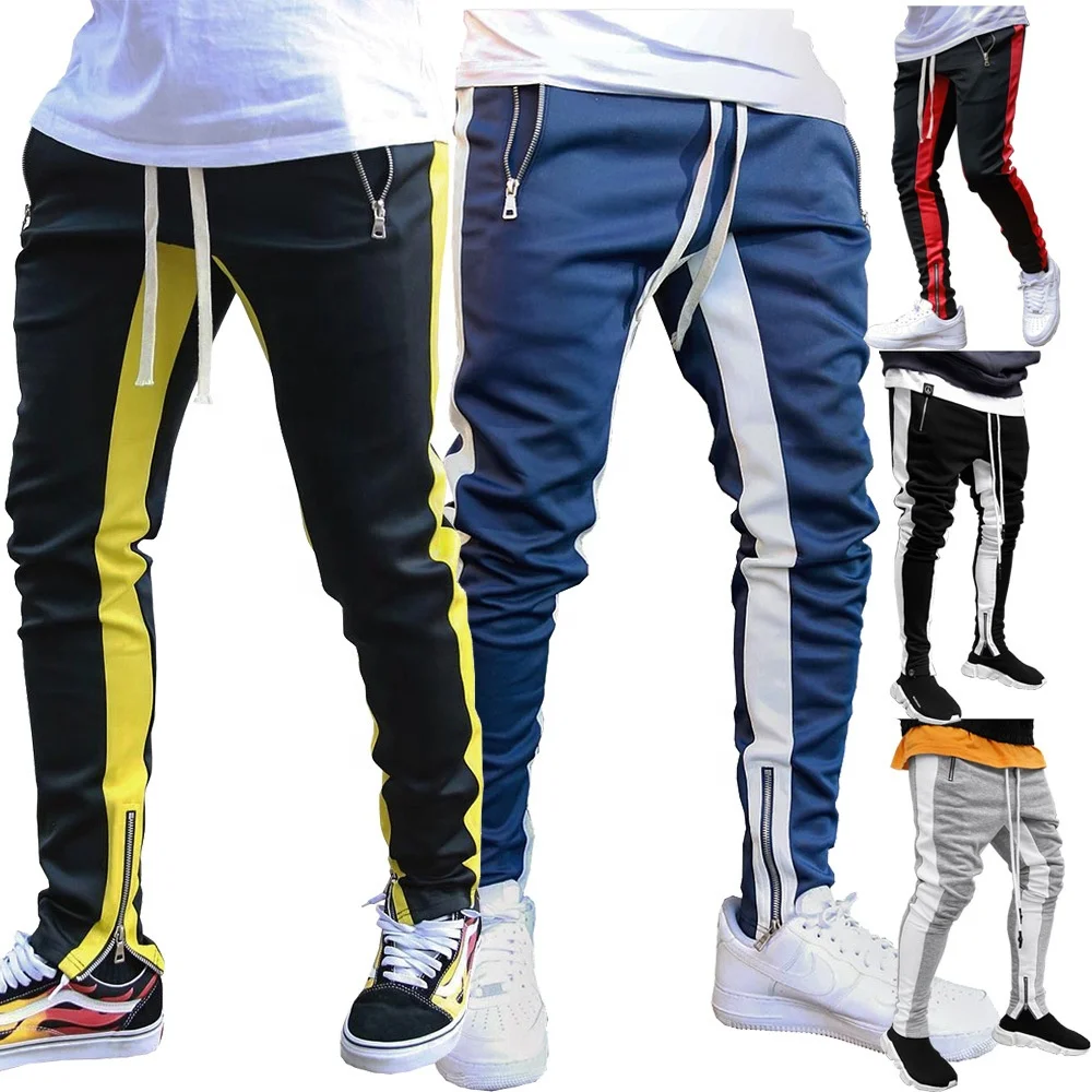 

Popular 2021 side stripe hem zipper split sport sweatpants with zipper pocket sweat track jogging mens pants