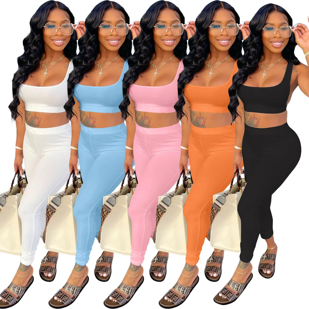 

2022 Custom Logo Sleeveless Backless Vest Crop Tops Casual Pants Summer Women 2 Piece Sets