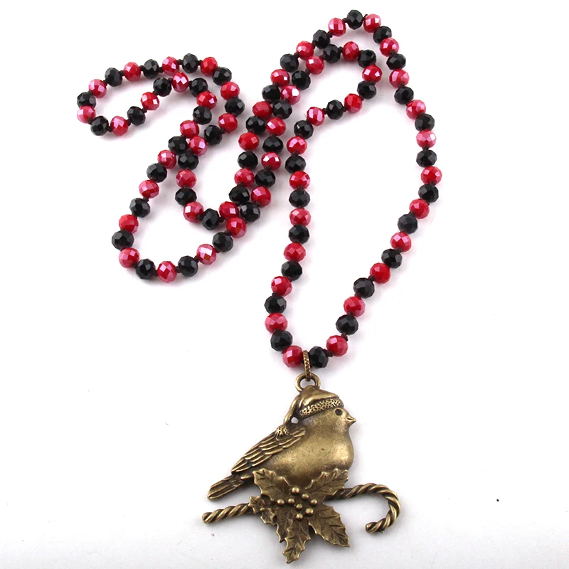 

Fashion Glass Long Knotted Crystal Necklaces Alloy Xmas bird Pendant Women Ethnic Necklace, 2 different stone