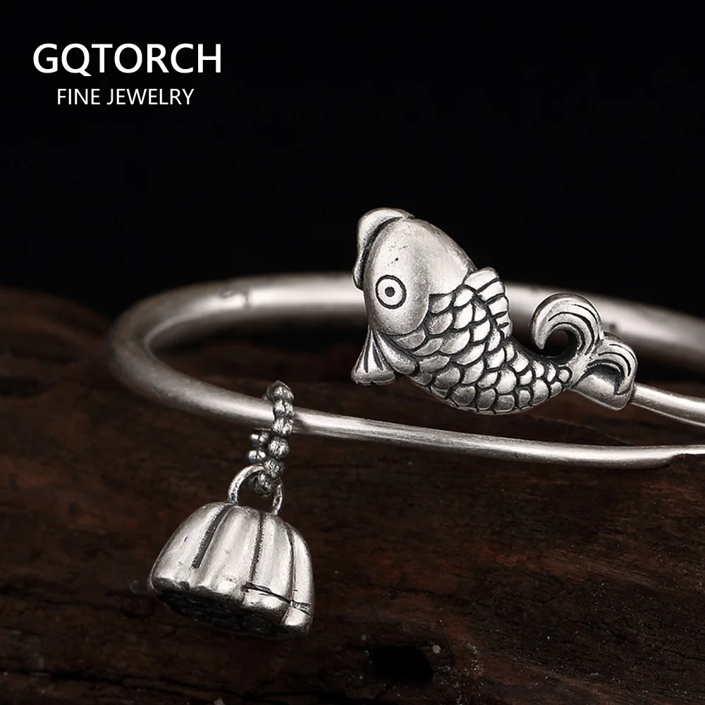 

Authentic 990 Silver Women Cuff Bangle Fish With Lotus Inspirational Charm Bracelets