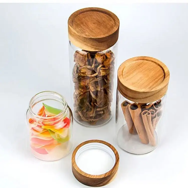

Fashionable High Borosilicate Glass Jars Clear Acacia Wooden Lid Round Glass Jar For Candy