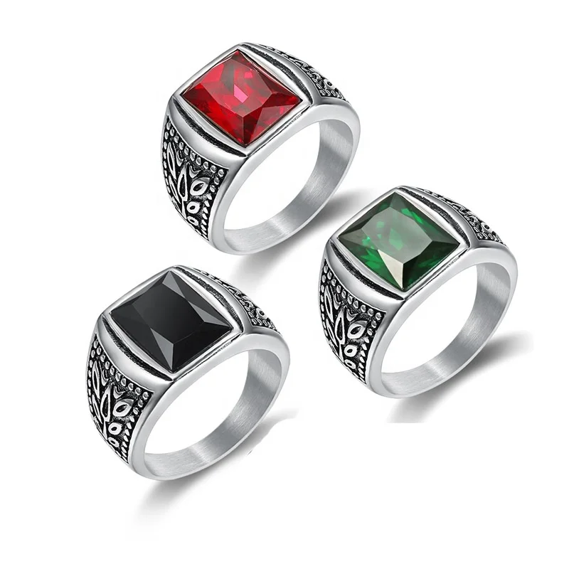 Hot Selling Simple Fashion Red And Black Crystal Gemstone Stainless Steel Ring For men