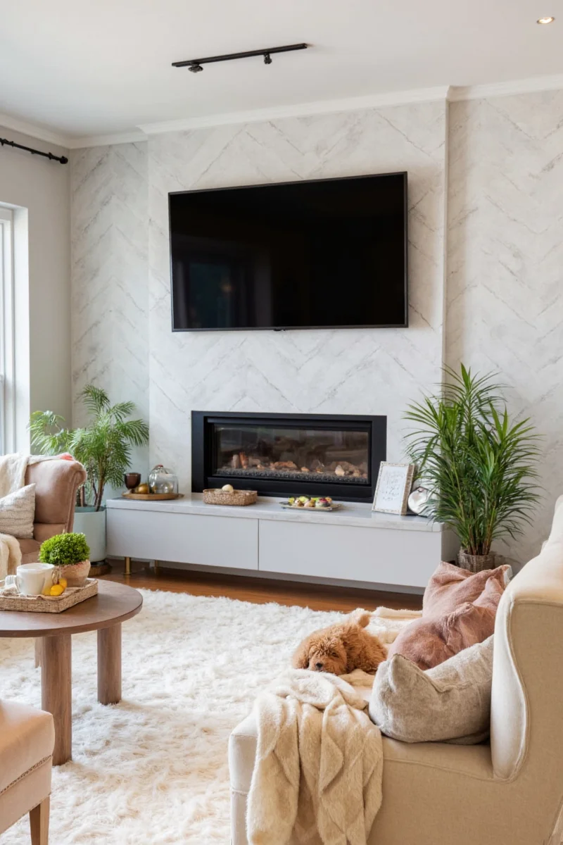 Floating shelves above TV decorated with plants and books
