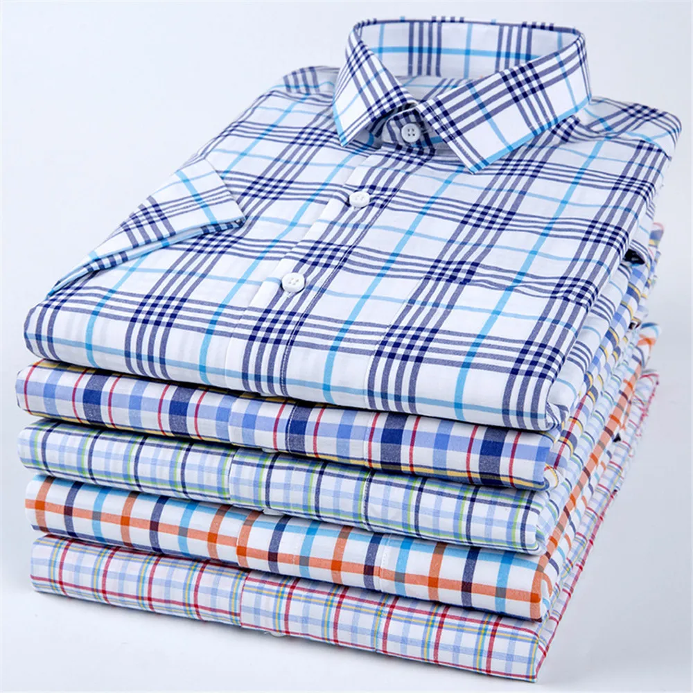 

Summer Easy-Care Breathable Loose Plaid Printed Short Sleeve Man Shirts, 19 color styles