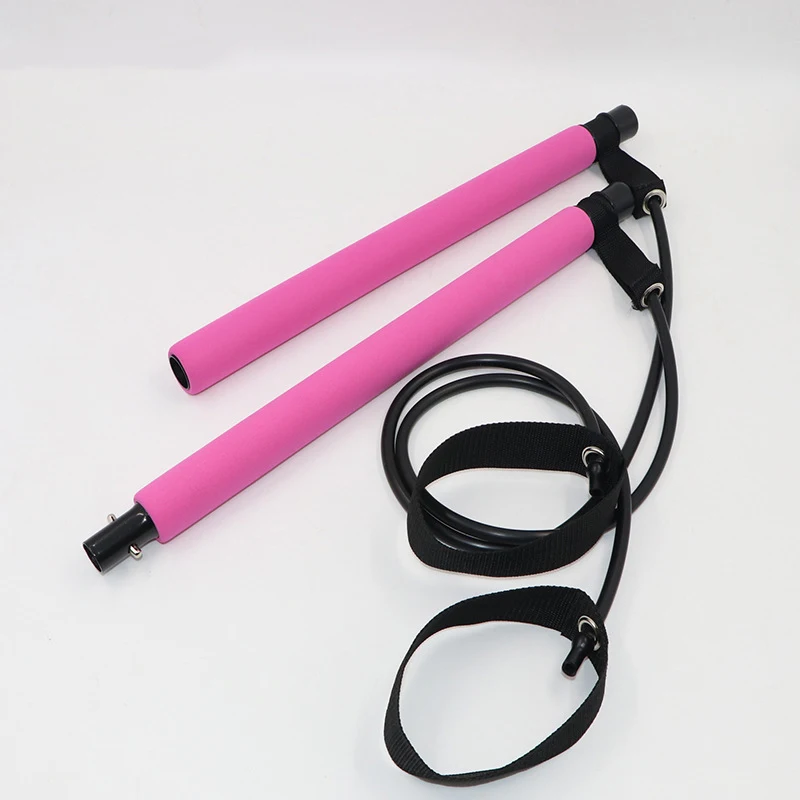 

Customized Adjustable Pilates Exercise Portable Equipment Yoga Bar Pilates Stick With Foot Straps and Elastic Band, Purple/pink