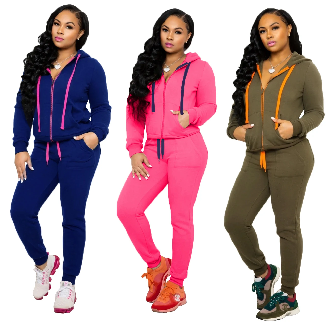 

Foma--YM-8563 2020 Winter outfits women two pieces sets with pocket sport wear long sleeve hoodies pants women, As pictures