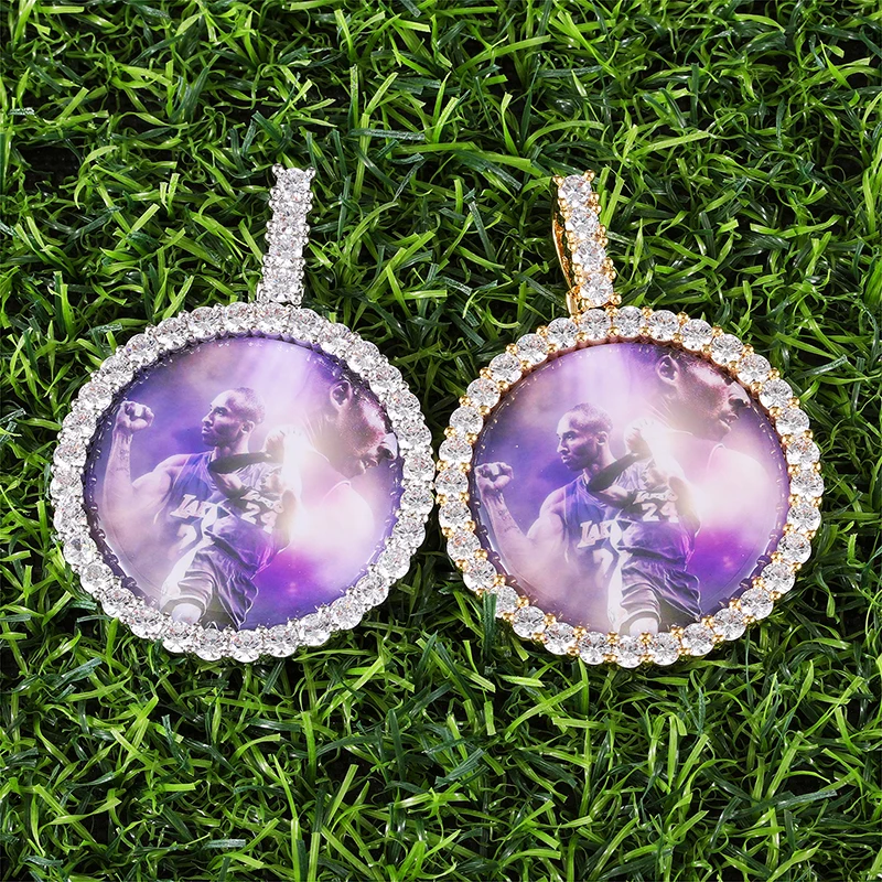 

Hip Hop Custom Medium Circle Picture Necklace Jewelry Iced Cubic Zirconia Round Photo Memory Pendant Necklace With Solid Back