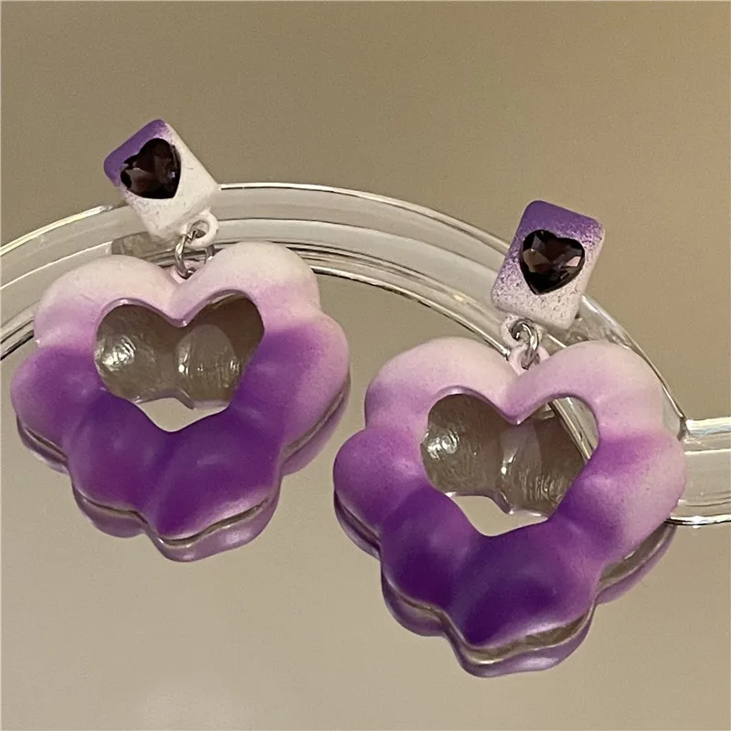 

Barlaycs 2021 Korean New Fashion Designer Gold Plated S925 Needle Gradient Purple Heart Rhinestone Drop Earrings Jewelry Gift