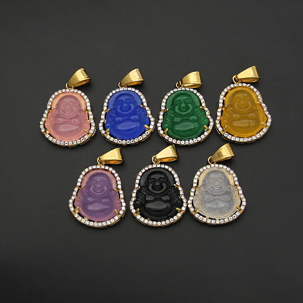 

Newest Stainless Steel Gold Plated Diamond Paved Multi Color Maitreya Pendant Necklace Steel Buddha Pendant Necklace