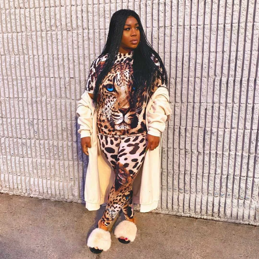 

Summer Plus Size Outfit Leopard Print Women Two Piece Short Sleeve T Shirt Pencil Pants Set Casual Streetwear, 1color as picture