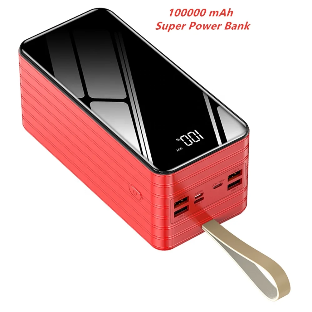 

Super powerbank 100000 mah power bank 100000mah four USB output mobile phone charger fast charging power bank 100000mah battery, Red black