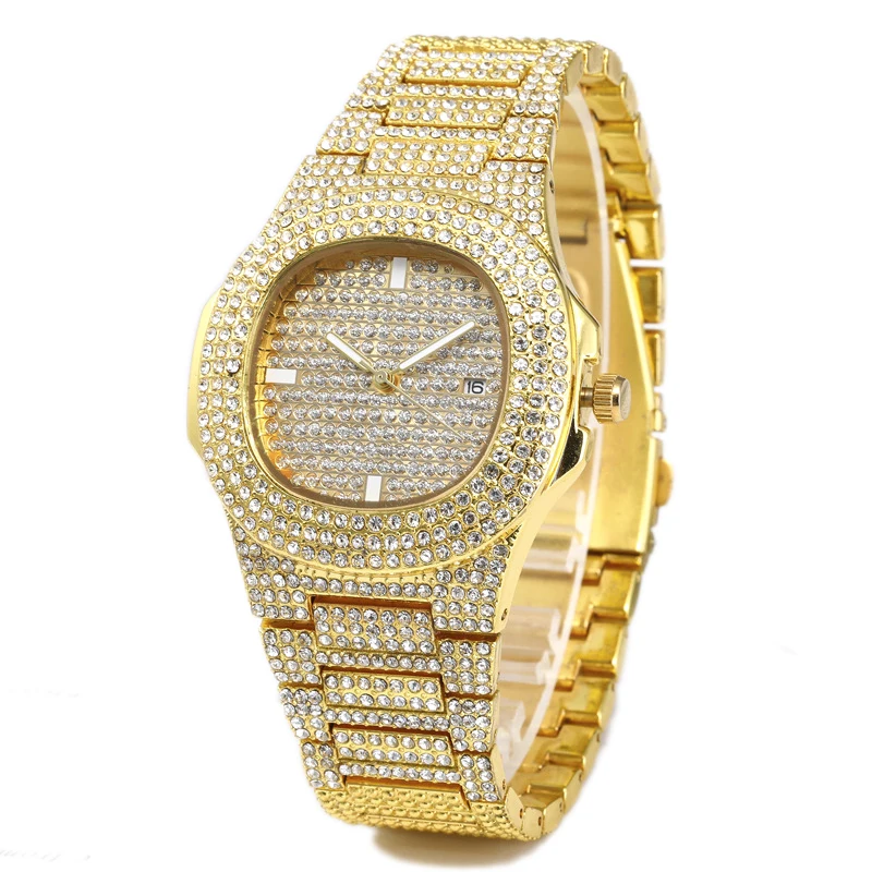 

2020 Hot Selling Mens Alloy Iced Out Bling Rhinestone Statement Quartz Watch For Gift, Gold