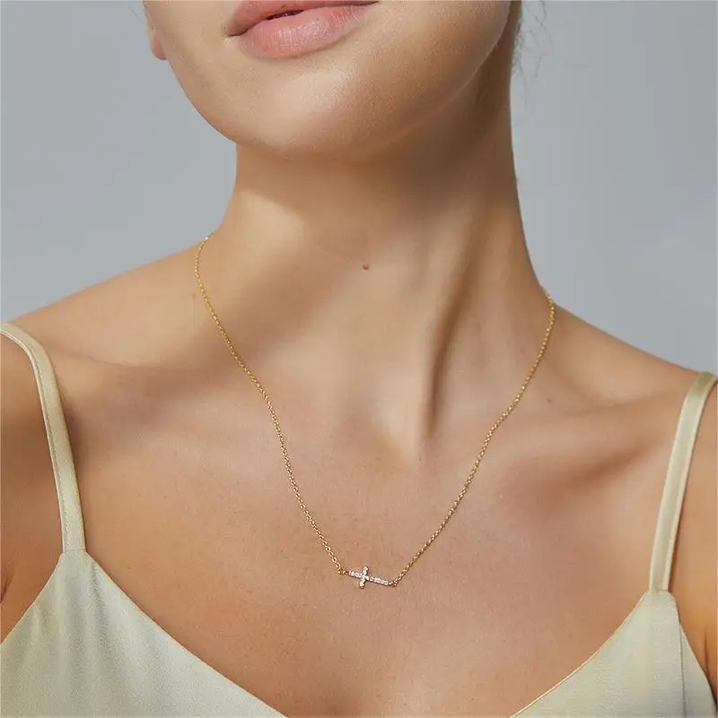 

Hot sale transverse Cross Zircon Pendant Necklace Brass Plated Cross Necklace Accessories