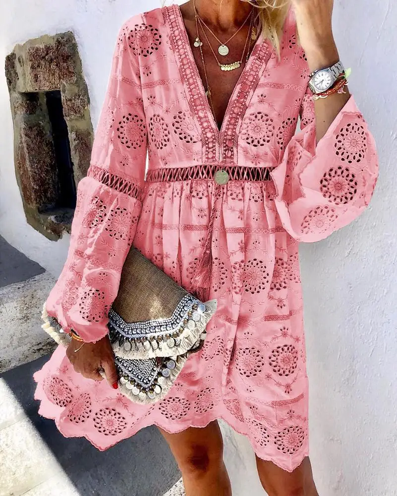 

2020 New Arrivals summer holiday Sexy Long flared sleeve v neck embroidery lace Women Casual Dresses