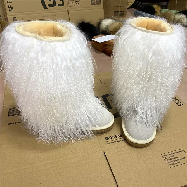 

2021 fashion winter lamb skin boots long hair real white curly mongolian sheep fur boots cover high knee