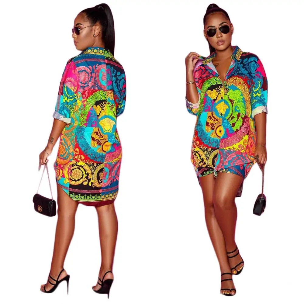 

Y3304 women fashion vintage print long sleeve shirt dress