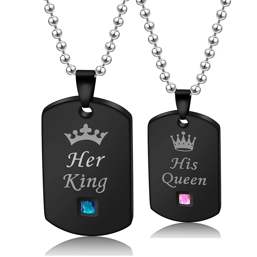 

Women Men 2024 New Fashion Couple Necklace King and Queen Stainless Steel Pendant Necklaces Black Titanium Steel Necklace