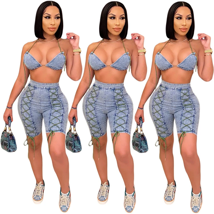 

C0093-wholesale fashion jeans shorts set women two piece pants set women clothing