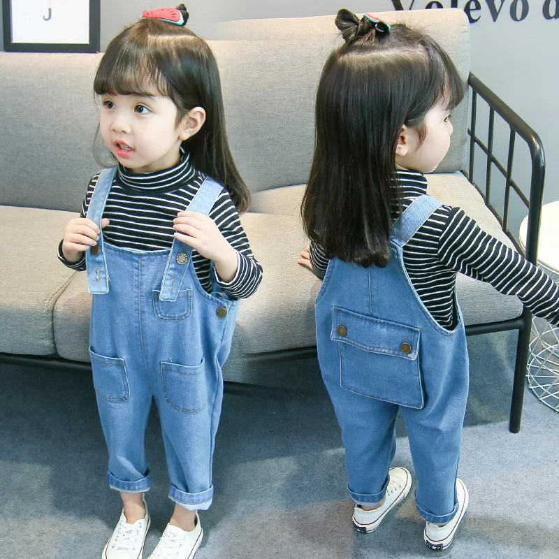 

Springway Korean style children autumn clothes kids denim overalls girls jeans set, As picture