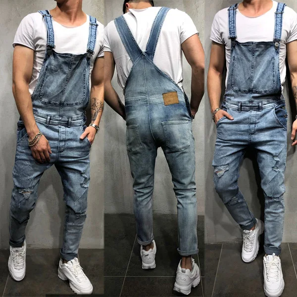 

Fashionable suspender tears trousers and popular clothes men work denim Jumpsuit overalls jeans