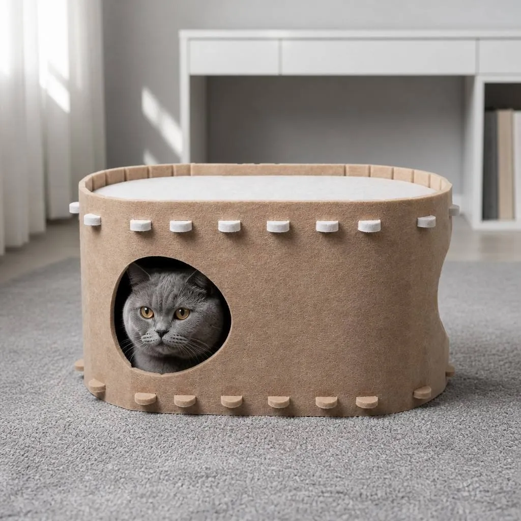 British shorthair cat resting comfortably inside a felt cave