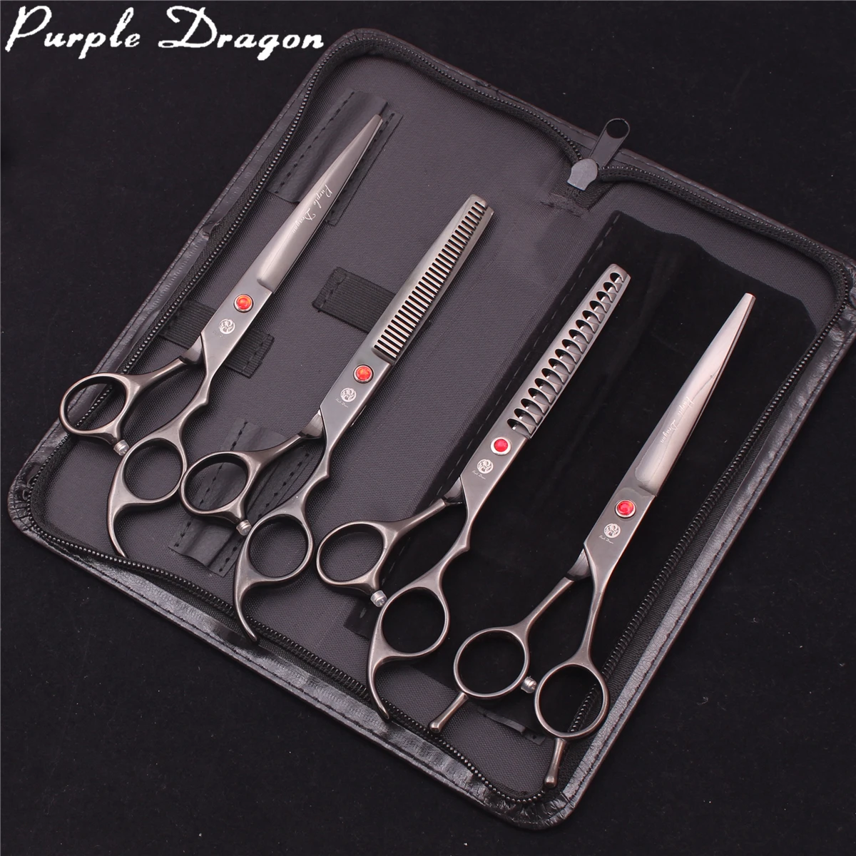 

Purple Dragon Dog Grooming Scissors Set 7" Stainless Steel Pet Straight Scissors Thinning Shears Chunker Curved Scissors Z3012, Red handle