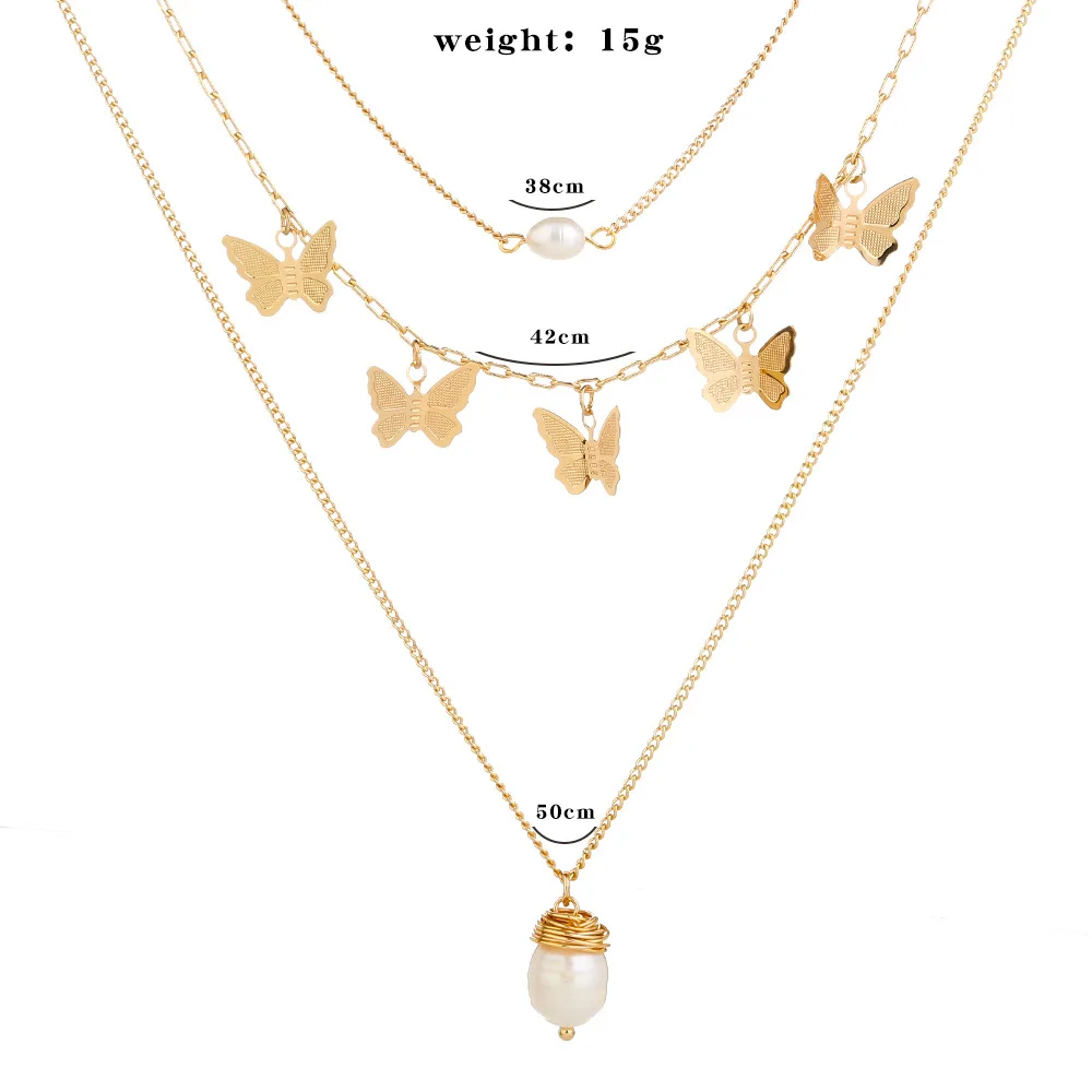 

18K Gold Plated Triple Leyered Pearl Pendant Necklace Multi Butterfly Pendant Necklace, As pictures