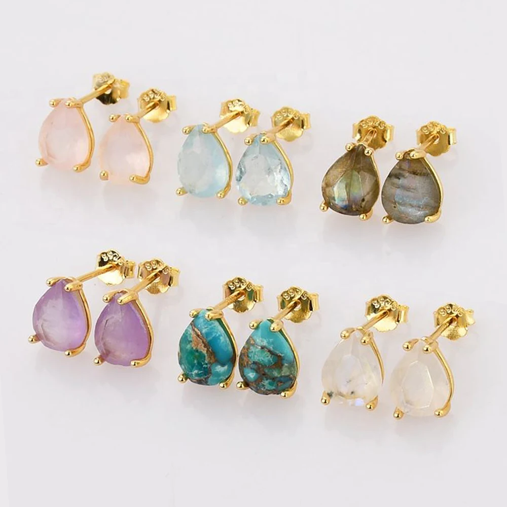 

Wholesale Natural Gemstone Aquamarine Stone Jewellery Raw Crystal 925 Sterling Silver Stud Earrings